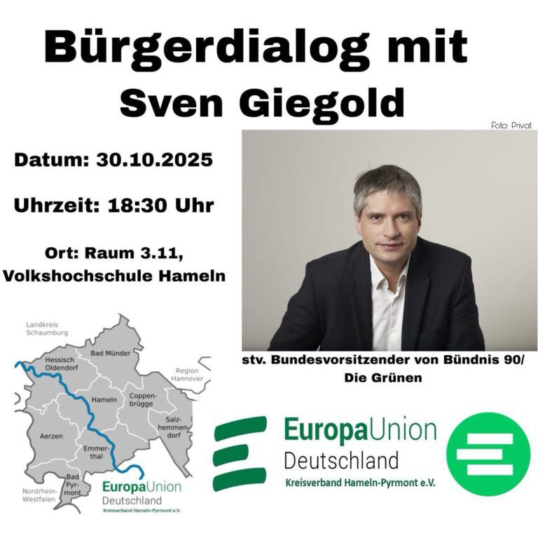 Europa-Union lädt zum Bürgergespräch mit Sven Giegold in die VHS Hameln ein